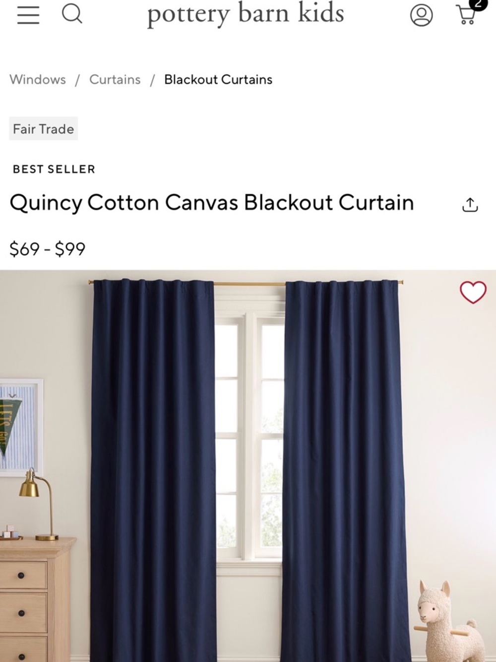 Two Pottery Barn Kids Quincy Cotton Canvas Blackout Curtains in Navy 44x96